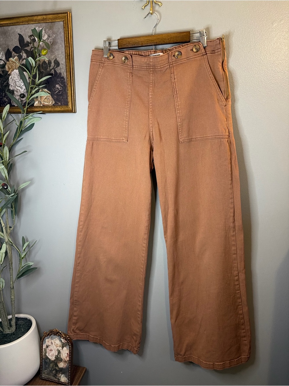 Kensie Wide Leg Crop Pants Size 12 Brown Utility Sailor Front High Rise Stretch - Picture 3 of 7